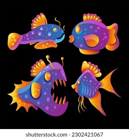 set fish doodle and hand drawn gradient colorful
