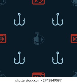 Set Fish finder echo sounder, Spinning reel for fishing and Fishing hook on seamless pattern. Vector