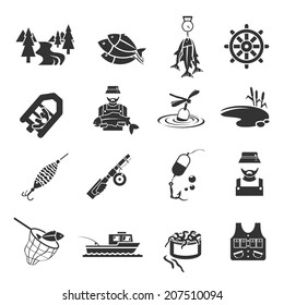 Set of fish fisher hobby leisure icons in black gray color isolated on white vector illustration