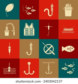 Set Fish, Fishing boat with fishing rod on water, hook and worm, jacket, spoon and float icon. Vector