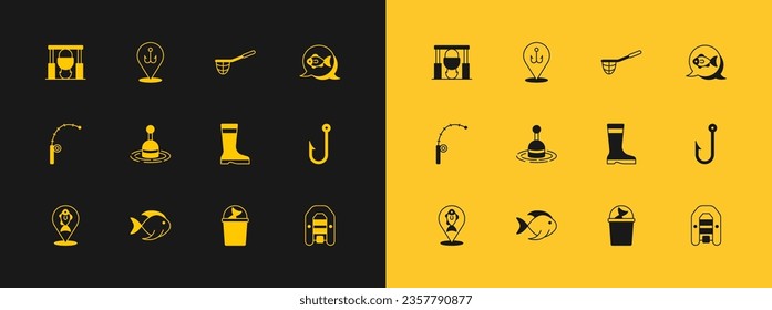 Set Fish, Fishing boots, bucket with fish, float water, net, Campfire and pot and hook icon. Vector