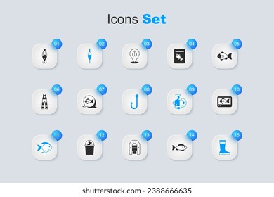 Set Fish, Fishing float, boots, finder echo sounder, lure and hook icon. Vector