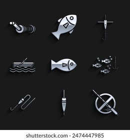 Set Fish, Fishing float, No fishing, hook under water with, line and, boat oars on,  and Spinning reel for icon. Vector