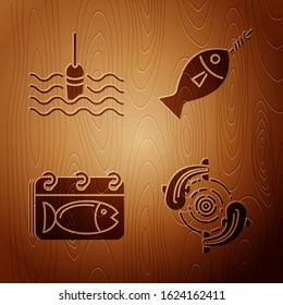Set Fish, Fishing float in water, Calendar with a fish and Fish on hook on wooden background. Vector