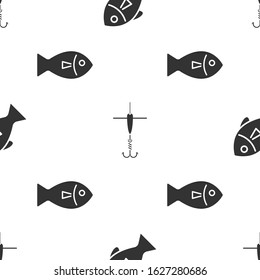 Set Fish, Fishing hook and float and Fish on seamless pattern. Vector
