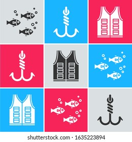 Set Fish, Fishing hook and Fishing jacket icon. Vector