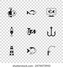 Set Fish, Fishing hook, rod, Spinning reel for fishing, Location,  and lure icon. Vector