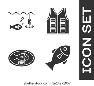 Set Fish, Fishing hook under water with fish, Fish trophy hanging on the board and Fishing jacket icon. Vector