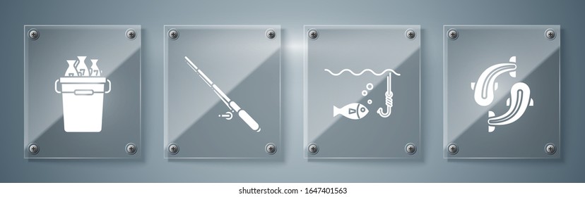Pescado, gancho de pesca bajo el agua con peces, caña de pesca y balde de pesca con peces. Paneles de vidrio cuadrado. Vector