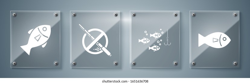 Set Fish, Fishing hook under water with fish, No fishing and Fish. Square glass panels. Vector