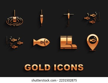 Set Fish, Fishing hook under water with fish, Location fishing, boots, and float,  and  icon. Vector