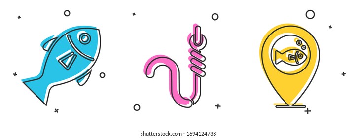 Set Fish, Fishing hook and worm and Location fishing icon. Vector