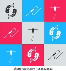 Set Fish, Fishing line with hook and float and Fishing hook and float icon. Vector