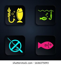 Set Fish, Fishing, No fishing and Fishing hook under water with fish. Black square button. Vector