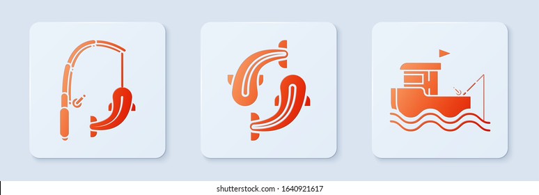 Set Fish, Fishing rod and fish and Fishing boat with fishing rod on water. White square button. Vector
