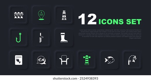 Set Fish, Fishing rod and fish, Hand ice drill, Lighthouse, hook,  and Camping folding chair icon. Vector