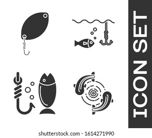 Set Fish, Fishing spoon, Fishing and Fishing hook under water with fish icon. Vector