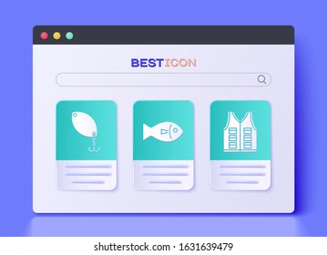 Set Fish, Fishing spoon and Fishing jacket icon. Vector