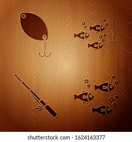 Set Fish, Fishing spoon, Fishing rod and Fishing hook under water with fish on wooden background. Vector