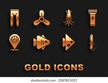 Set Fish, Flashlight, Knife, Scallop sea shell, Octopus, Wetsuit and Boat propeller, turbine icon. Vector