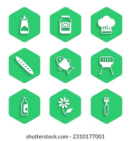 Set Fish, Flower, Fork, Barbecue grill, Bottle of wine, French baguette bread, Chef hat and Sauce bottle icon. Vector
