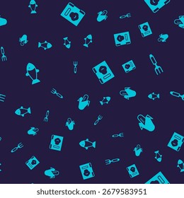 Set Fish, Fork, Cookbook and Corn on seamless pattern. Vector