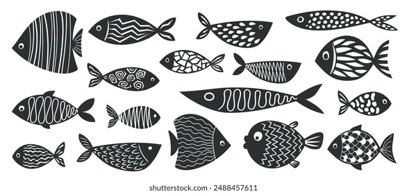 Set of fish with geometric design. Black silhouettes. Isolated vectors