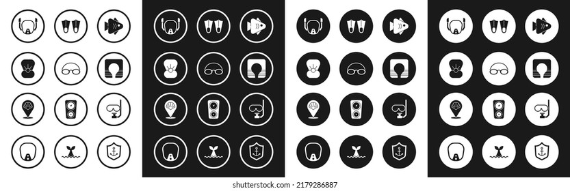 Set Fish, Glasses and cap, Shell with pearl, Diving mask, Life jacket, Rubber flippers, snorkel and Scallop sea shell icon. Vector