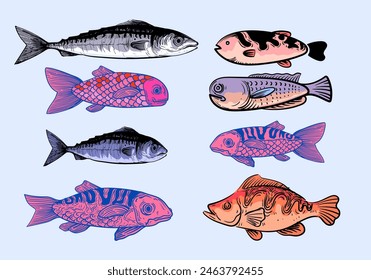 Set of fish hand drawing outline icon character element vector illustration. Beautiful design fish for banner, , poster, books, cards and background.