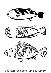 Set of fish hand drawing outline icon character element vector illustration. Beautiful design fish for banner, , poster, books, cards and background.