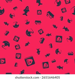Set Fish head, Shark, Stingray and Fishing boat on seamless pattern. Vector