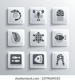 Set Fish head, steak, Turtle, Canned fish, Mussel, Shrimp and Jellyfish icon. Vector