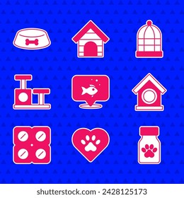 Set Fish, Heart with animals footprint, Medicine bottle and pills, Dog house, Cat scratching post toy, Cage for birds and Pet food bowl cat dog icon. Vector