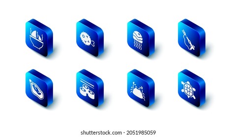 Set Fish hedgehog, Jellyfish, Fishing harpoon, Turtle, Crab, Sushi, Mussel and Shark fin soup icon. Vector