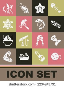 Set Fish hedgehog, tail, steak, Starfish, Served on plate, Turtle, Seaweed and Shrimp icon. Vector