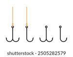 A set of fish hooks of different shapes on a white background.