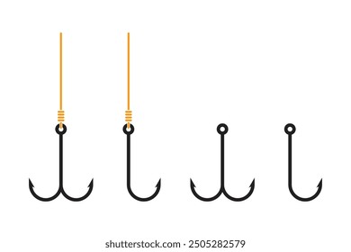 A set of fish hooks of different shapes on a white background.