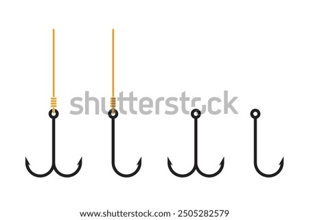 A set of fish hooks of different shapes on a white background.