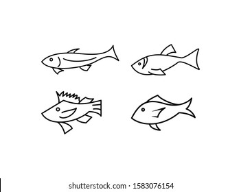 Set of Fish Icon. Designed with Black Mono Line Style Isolated on White Background. Consist of Four Fish Image Vector Illustration.