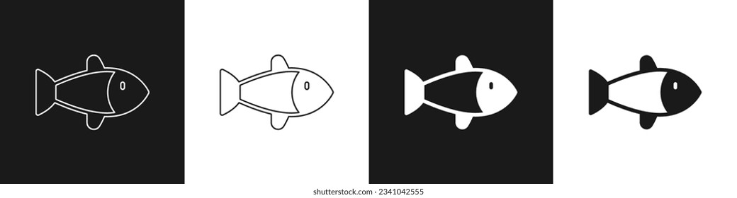 Ajuste el icono Pescado aislado en fondo blanco y negro.  Vector
