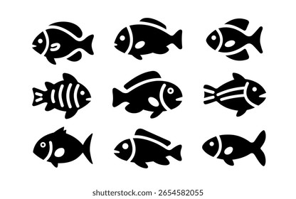 Set of fish. Fish icon vector isolated on white black background. Fish icon set.