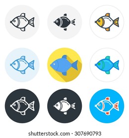 Set of fish icons in different styles isolated on white background.