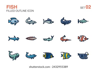 set of fish icons. Filled outline icon set02