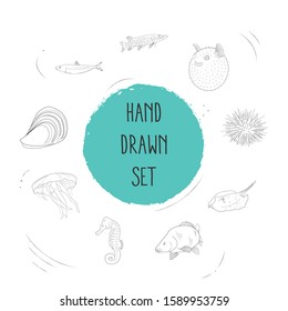 Set of fish icons line style symbols with puffer fish, flatfish, pike fish and other icons for your web mobile app logo design.