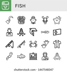 Set Of Fish Icons Such As Canned Food, Hook, Caviar, Sailor, Lobster, Starfish, Shellfish, Dolphin, Fishbone, Portugal, Fishing Rod, Crab, Animal, Hawaiian, Worm, Shark , Fish