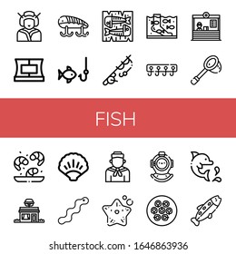 Set of fish icons. Such as Geisha, Collar, Fishing baits, Fishing, Mackerel, Fish therapy, Hooks, Restaurant, Net, Shrimp, Ocean, Worm, Sailor, Starfish, Diving helmet , fish icons