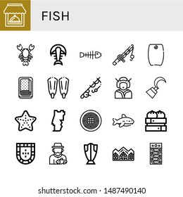 Set of fish icons such as Restaurant, Lobster, Fossil, Fishbone, Fishing rod, Bodyboard, Meatloaf, Fins, Fishing, Geisha, Hook, Starfish, Portugal, Spaghetti, Shark, Dumpling , fish
