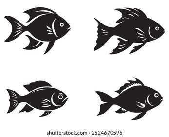 Set of fish icons, vector illustrations isolated on white and black backgrounds. Food sign collection featuring various fish designs