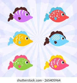 Set of fish icons with wonderful ornament and colors. Beautiful collection for diving, summer and vacation.