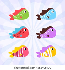 Set of fish icons with wonderful ornament and colors. Beautiful collection for diving, summer and vacation.